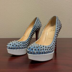 Christian Louboutin Studded Denim Peep Toe Pumps